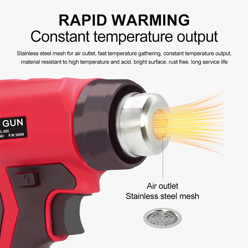 360W Cordless Heat Gun Portable 400℃ Hot Air Gun with 4 Nozzle Fit for Milwaukee 18V Battery (No Battery) 3