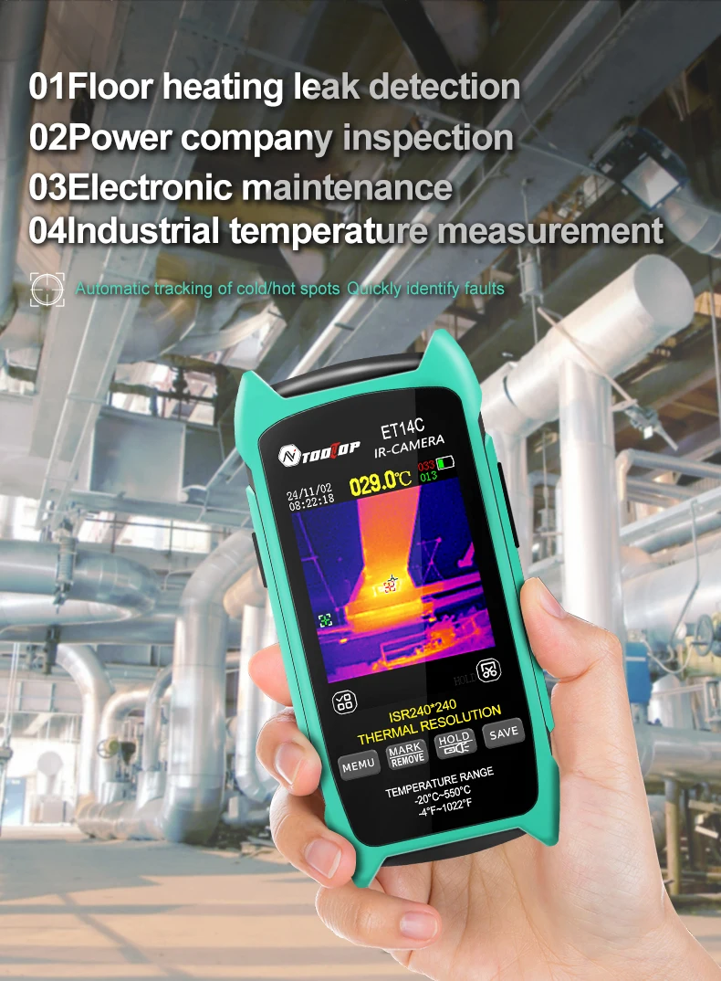 ET14C thermal imager positioned on its fold-out stand during a workspace inspection