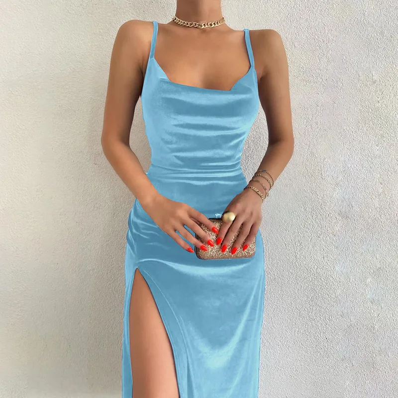 Velvet Swing Collar Sleeveless Slip Sexy Slit Maxi Dress 2024 New Fashion Evening Party Women Elegant Streetwear Y2K 3