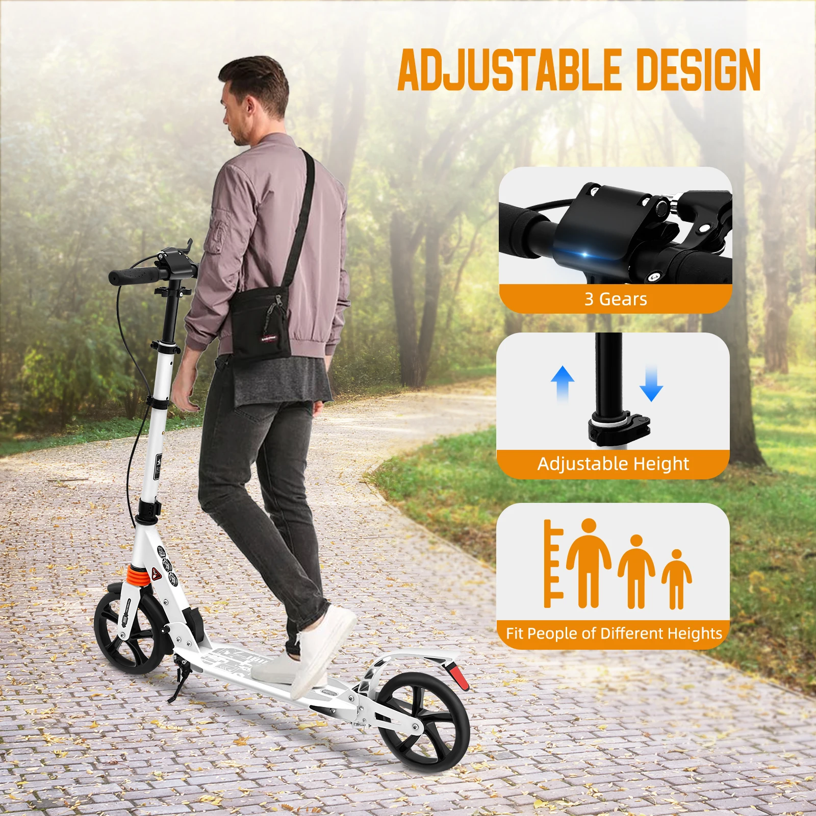 Faltbarer Kick-Scooter 220 lbs Tragkraft Höhenverstellbar 37"-42" Doppelbremsen PU-Räder Stoßdämpfer Pendler-Scooter für Erwachsene – Detail 2