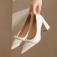 Elegant Pointed Pearl High Heels Shoes Women White Wedding Shoes Thick High Heels Party Pumps Woman Footwear Zapatos De Mujer