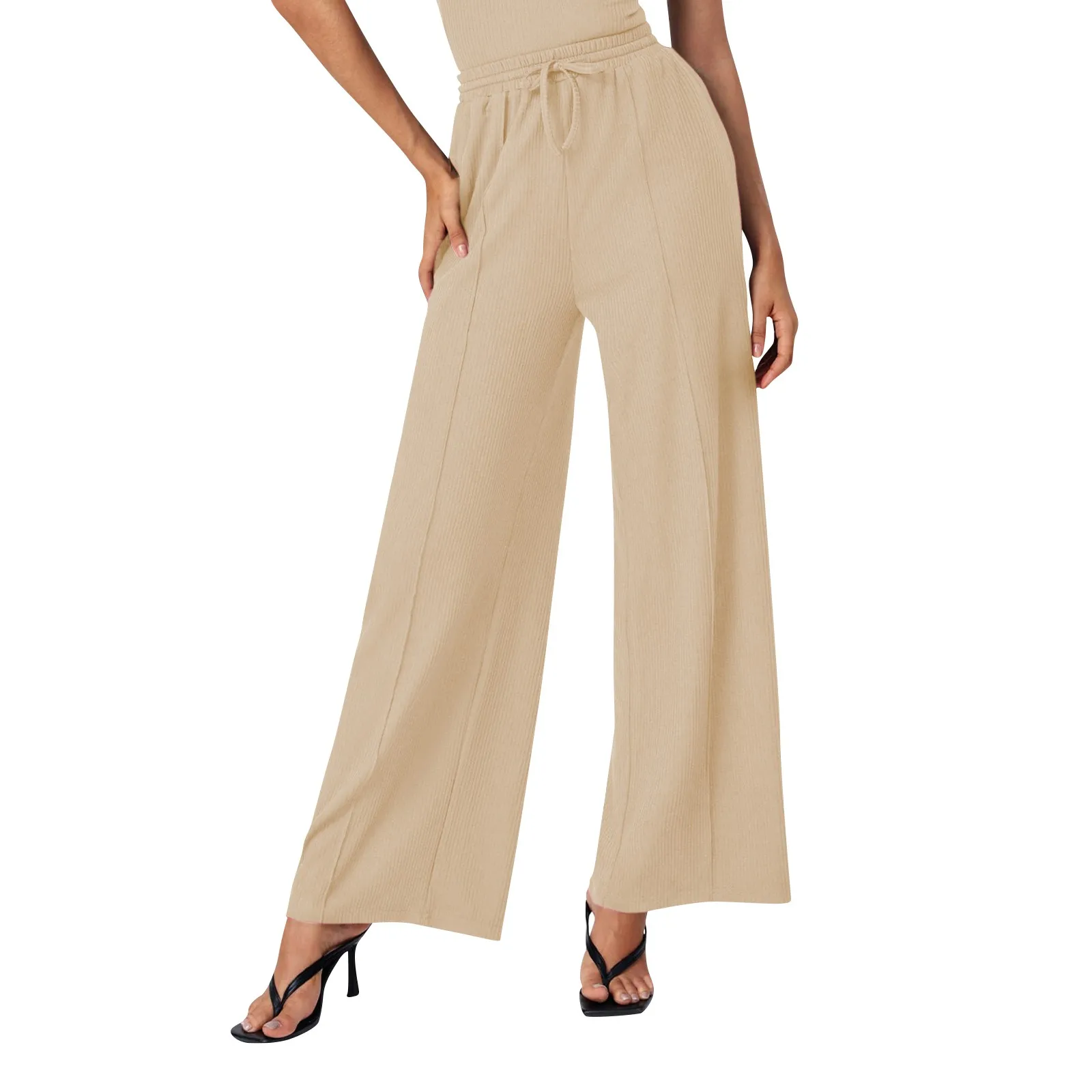 

Женские брюки с завышенной талией, модные однотонные брюки на шнуровке с эластичным поясом и карманами, свободные прямые широкие брюки