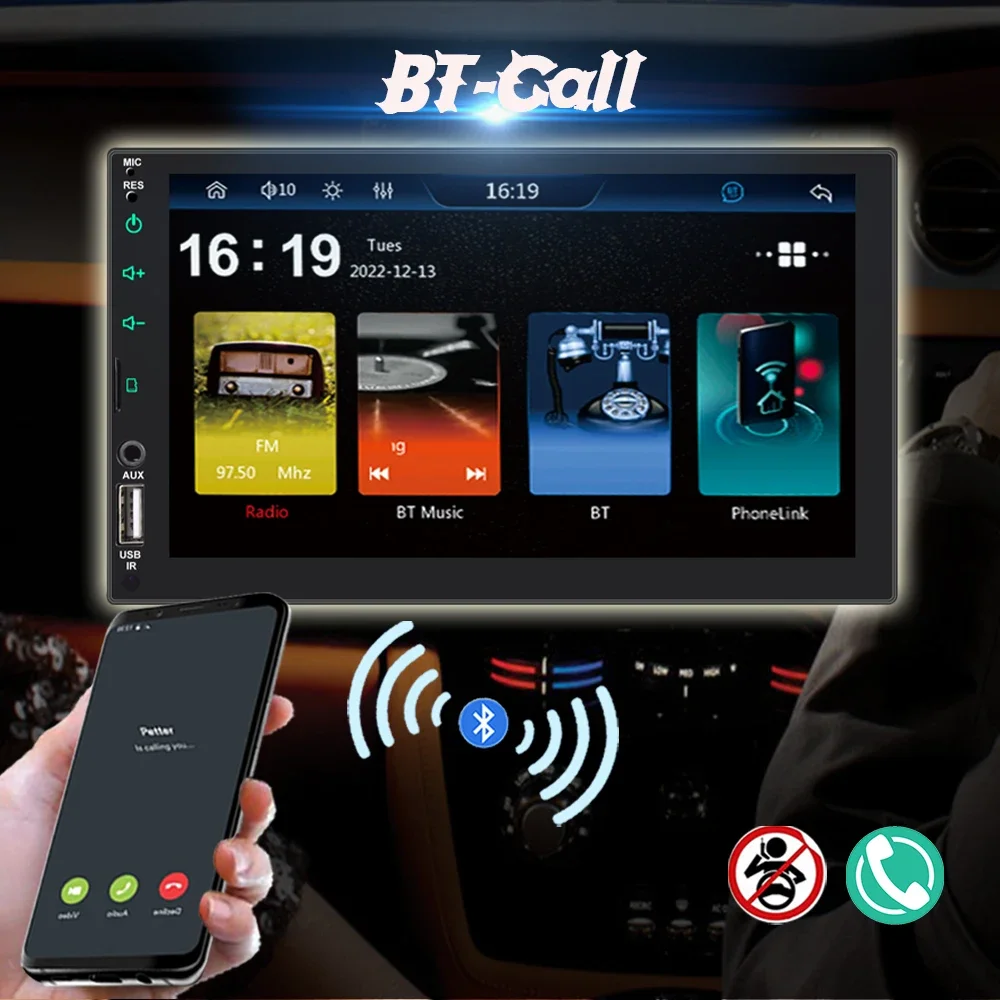 Car MP5 Stereo 7'' 2 Din Capacitive Screen Player Bluetooth FM/EQ/USB/TF/AUX Hands-free Wireless Carplay Android Auto MirrorLink