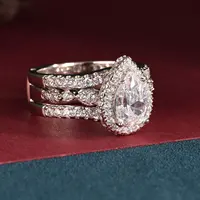 Newshe 2 Pieces 925 Sterling Silver Engagement Ring Enhancer Wedding Band for Women Pear Cut AAAAA Zircon Jewelry Size 4-13 - Image 2