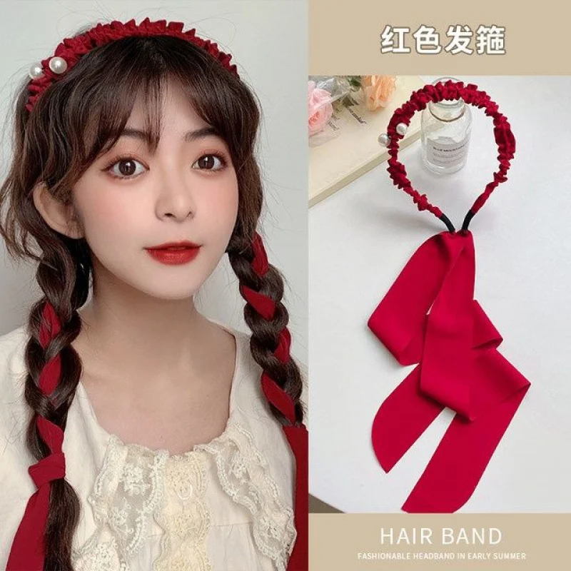 French Style Streamer Headband Female Summer Fairy Hair Band Female Tie Hairpin Pearl Headband Silk Scarf Hair Fixer Head Access retro silk scarf streamer bow hair tie hair band women s elegant tied hair neck scarf hair accessories satin material