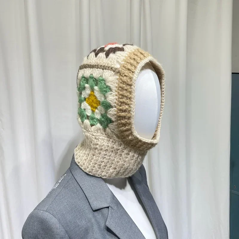 Handmade Crochet Balaclava Hats for Women Autumn and Winter Wool Knitted Pullover Beanies Cap Neck Warmer Female Hooded Caps 4