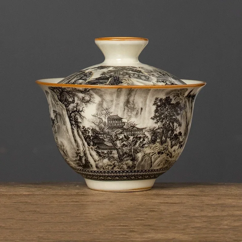 170ML Ru Kiln Landscape Porcelain Gaiwan Set For Tea Tureen Teaware Cup Chinese Yellow Ceramic Opening Tea Bowls Ceremony