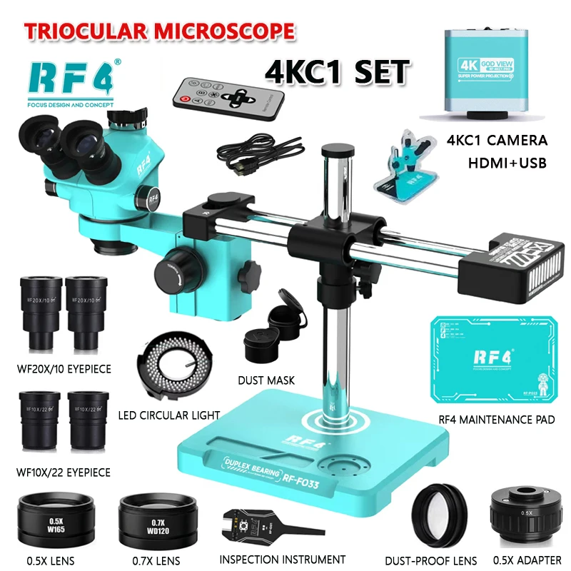 RF4 3.5X 50X 100X 동시 초점 이중 붐 스탠드 줌 삼안 스테레오 현미경 광시야 2K 4K HDMI USB 카메라 RF-F033C