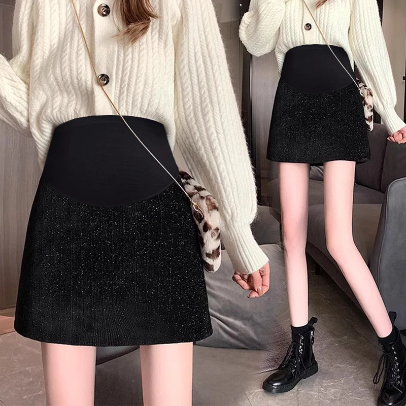 Japanese Style Pregnant Woman Belly Skirt Winter Black Elegant Office Lady Belly Skirts Slim Hips Maternity A-line Mini Skirts