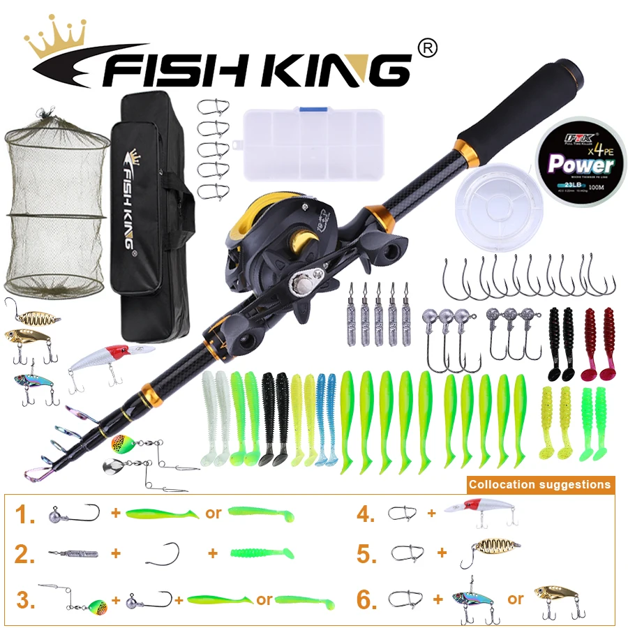 

FISH KING Fishing Rod Full Kit Telescopic Sea Spinning Reel Lure Set Travel Fishing Gear Baits Accessories Bag Beginner 6 Option