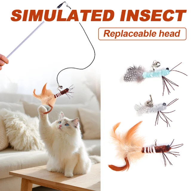 Luxury Cat Teasing Wand with Dragonfly Feather Head Handmade Insect Style Replacement Toy Interactive Play Pet Supplies