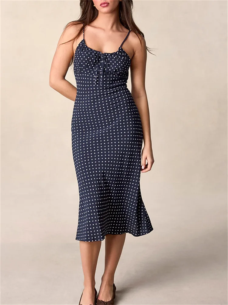 

Polka Dot Print Women Backless Sling Midi Dress Lace-Up Square Collar Sexy Elegant Lady Sleeveless French Long Robe Holiday