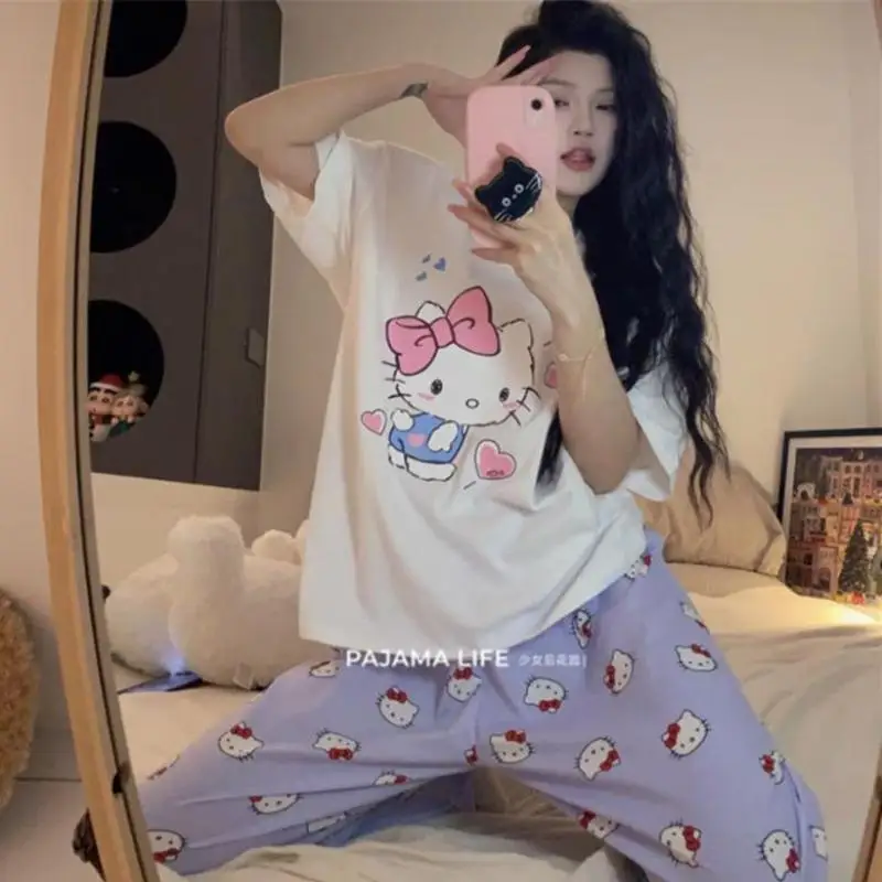 

Новинка, милая Пижама Sanrio Hellokitty, летние брюки с коротким рукавом, Свободная Домашняя одежда большого размера, милая девочка, подарок на день рождения