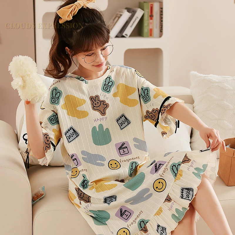 Summer M-3XL Knitted Cotton Night Dress Cartoon Print Womens Nightgowns Sleepshirts Girls Nightgowns Kawaii Homewear Nightdress