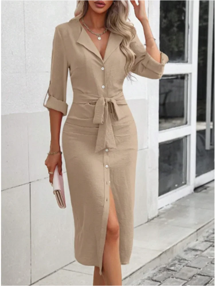 Büro Dame V-ausschnitt Einfarbig Shirts Stil Kleid frauen Lange Ärmeln Taste Spitze Up Kleid Elegante Herbst Frühling Kleider