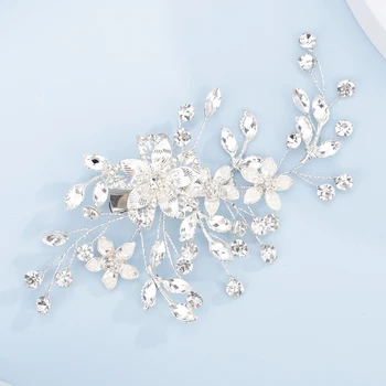 Trendy Silver Rhinestone Flower Bridal Hair Clip Wedding Hair Accessories Party Hair Ornament for Women Headdress Handmade Tiara