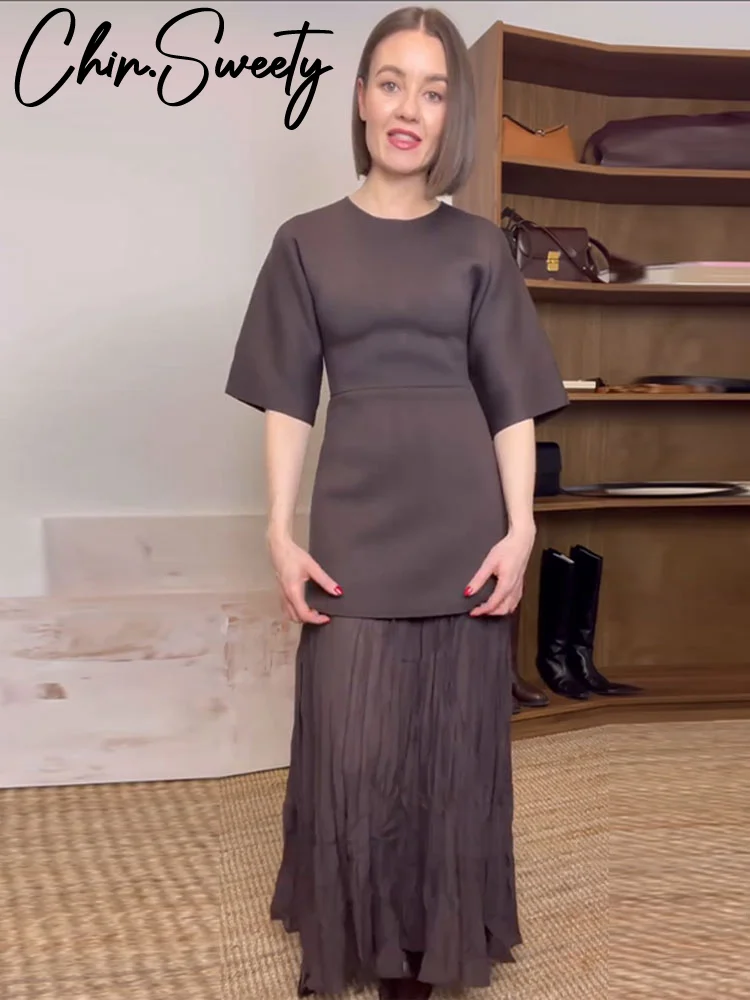 Elegant Patchwork Long Dress Women Slim O-neck Half Sleeve Pleated Party Dresses 2025 Spring Summer Lady Commute Robes 3
