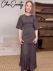 Elegant Patchwork Long Dress Women Slim O-neck Half Sleeve Pleated Party Dresses 2025 Spring Summer Lady Commute Robes 3