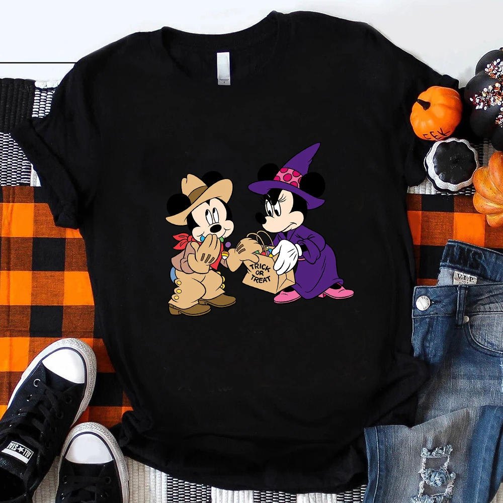 

Disney Funny Mickey Minnie Halloween Vibe Clothes Aesthetic Harajuku T-shirts Trick or Treat Streetwear Casual T Shirt for Women
