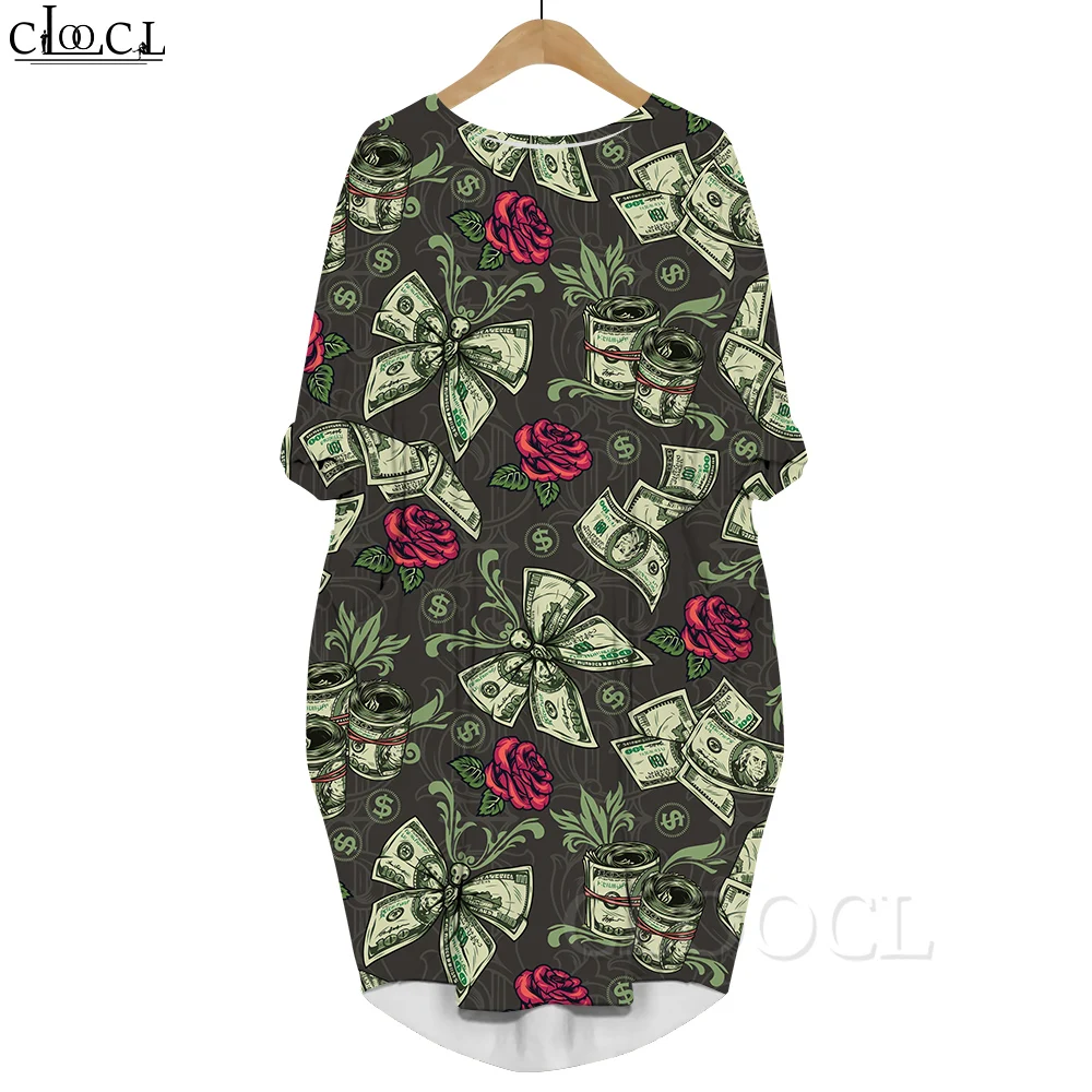 

CLOOCL Women Summer Dress Hawaii Butterfly Banknotes 3D Printed Loose Daughter Skirt Long Sleeve Pocket Dress Casual Gown Dress