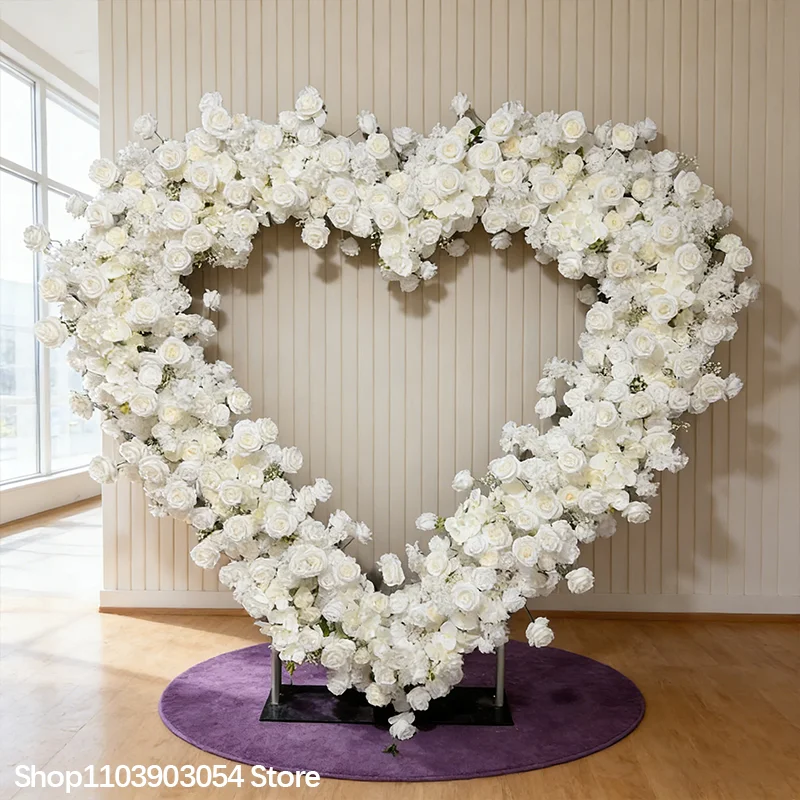 5D Weiße Rose Schleierkraut Herzförmiger Hochzeitshintergrund Blumenbogen Rahmen Dekoration Blumenreihe Arrangement Ständer Event-Requisiten