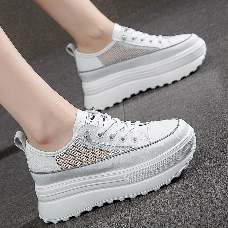 Spring and Autumn Leather Wedge Shoes Breathable and Comfortable White Casual Thick-soled Sneakers Fashion Running Shoes