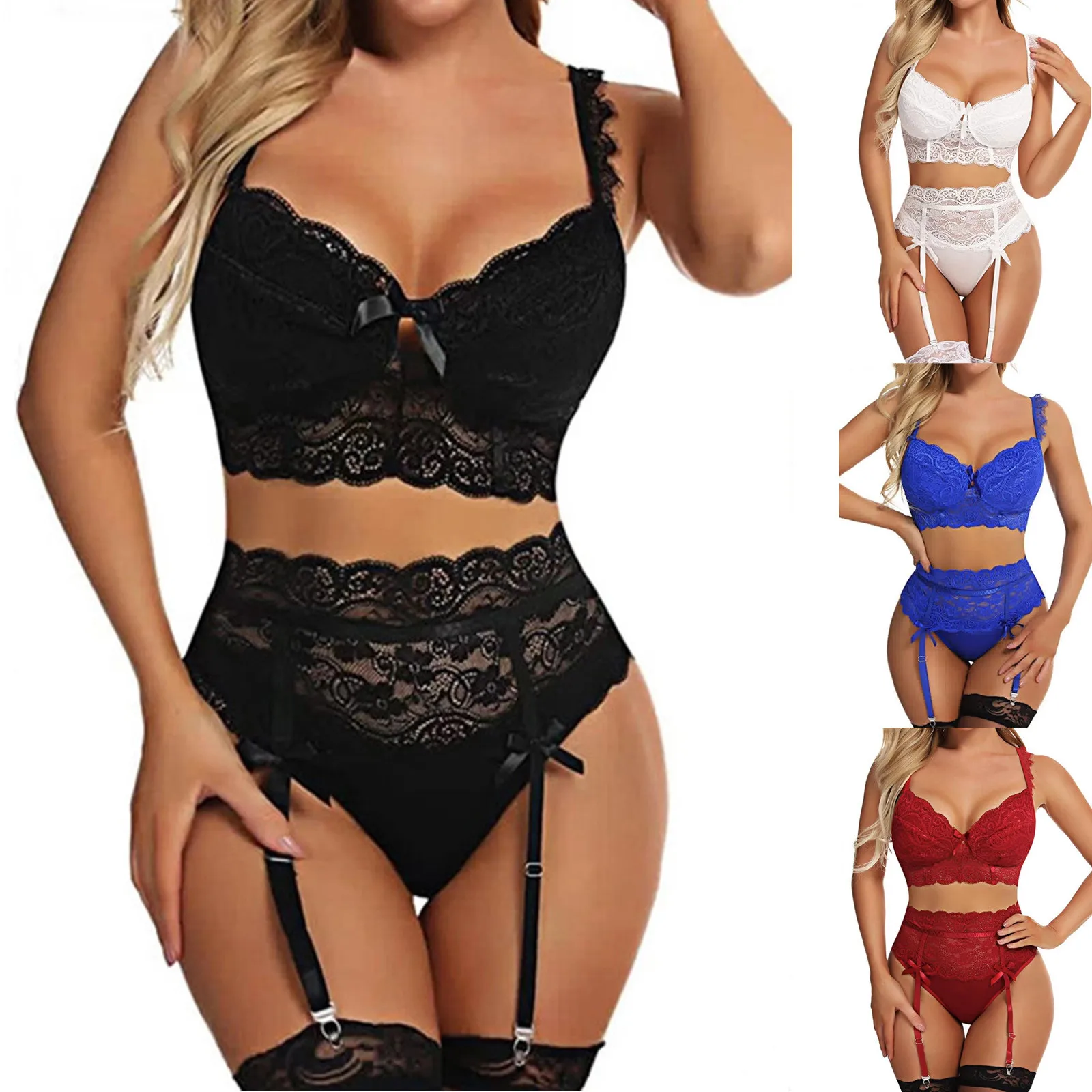 

Women's 3 Pieces Nightwear Costume Floral Lace Pajamas Lingerie Set Solid Color Underwear Underpants Garters Clothing For Women