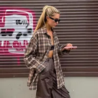 Chemise à carreaux décontractée pour femme, ample, boutons à revers, manteau à manches longues, confortable, Vintage, kaki, hauts féminins, Streetwear, automne hiver 1