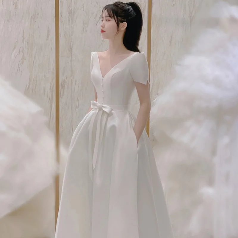 Classic V-neck Bridal Dresses 2024 New Satin Wedding Dress  With Sweet Bow Belt Simple Long A-line Evening Dress Customized 5