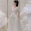 Classic V-neck Bridal Dresses 2024 New Satin Wedding Dress  With Sweet Bow Belt Simple Long A-line Evening Dress Customized 5