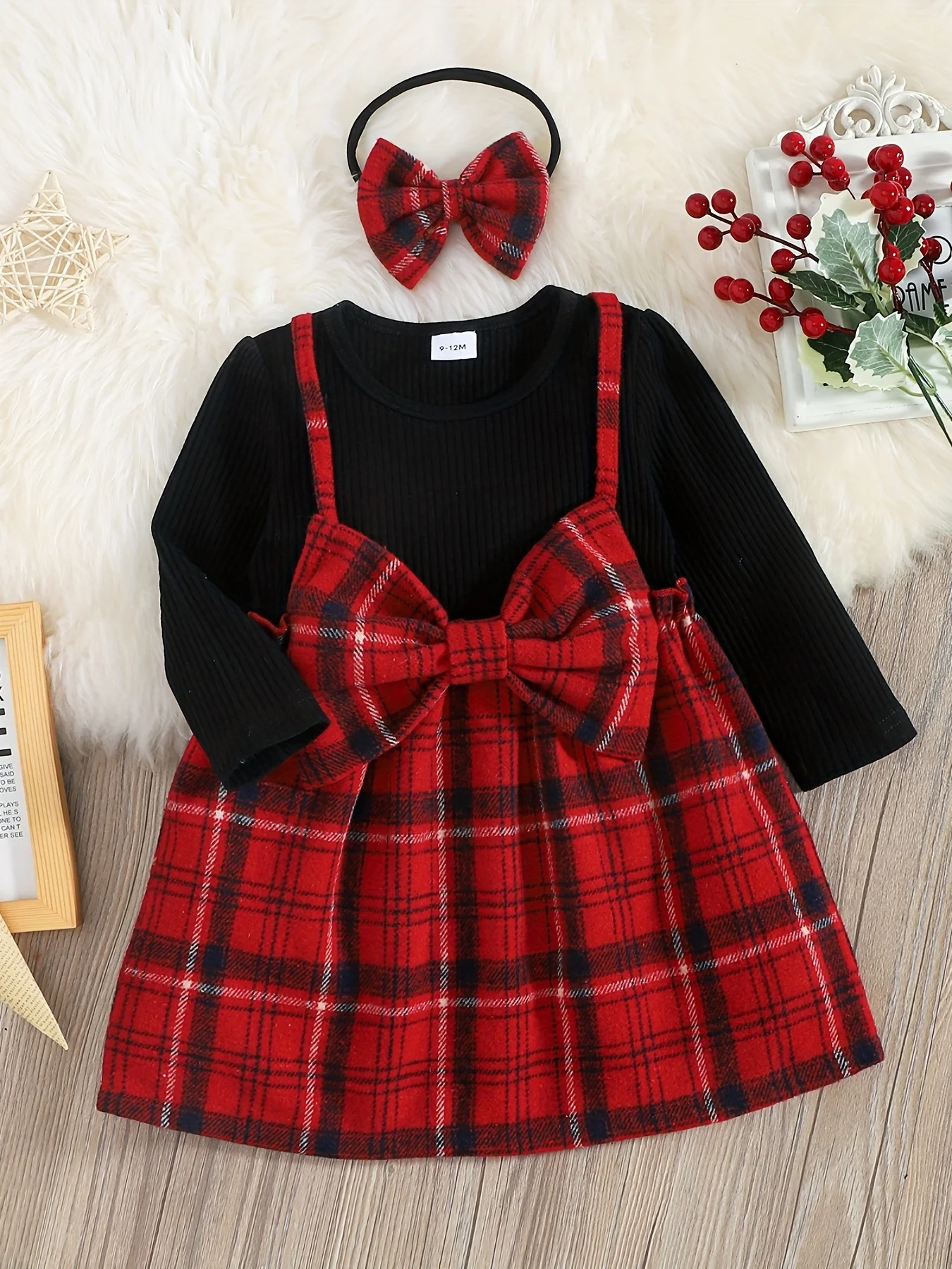 Girls Plaid Dress And Hairband Set Baby Spring Autumn Casual Black Red Gingham Skirt with Elastic Hairband for Toddlers
