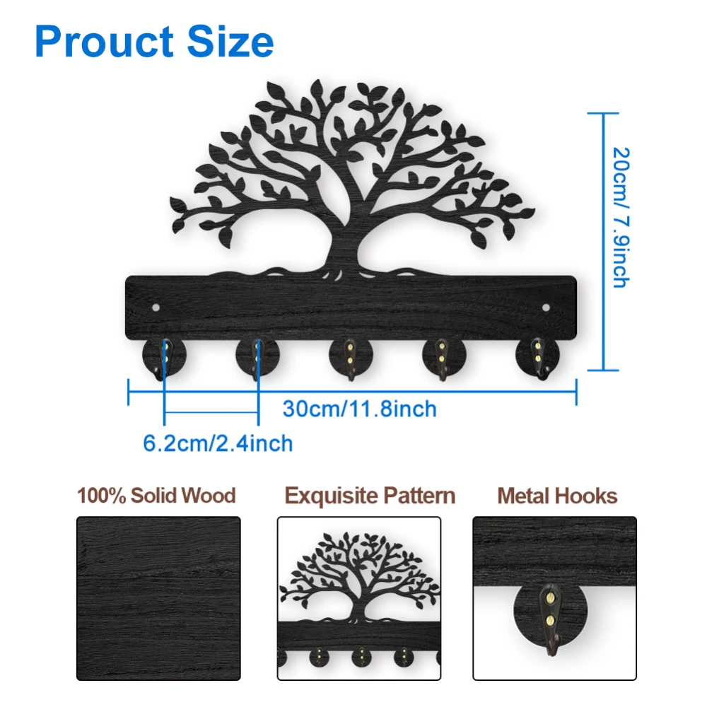 MAYJOYDIY Appendiabiti Da Parete In Legno Con Lupi E Foresta – 5 Ganci In Metallo, 30x20 Cm – Regalo Per Amanti Della Natura