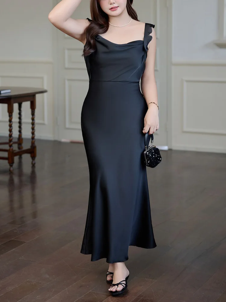 Ribbon Satin Swing Collar Plus Size Women Spaghetti Strap Mermaid Dresses Premium Backless Slim Fishtail Fairy Dress