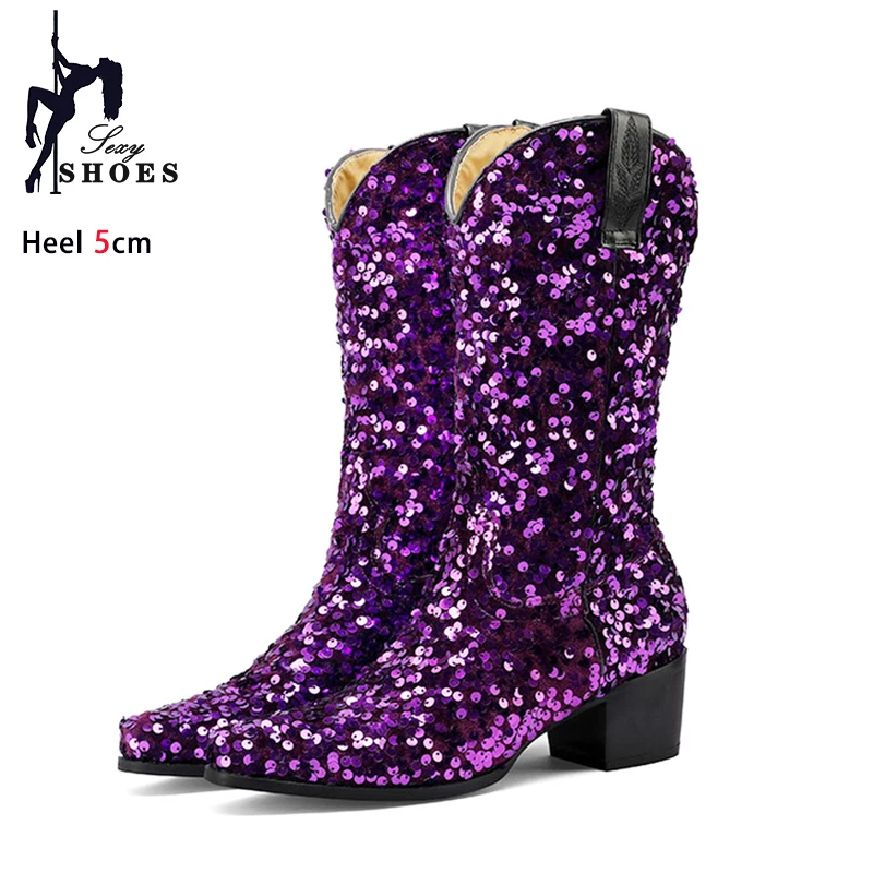 Women Sexy Western Boots Bling Bling Trends Party Chunk Heels Lady Shoes Fashion Pointed Nightclub Female Sequin Mid-Calf Boots