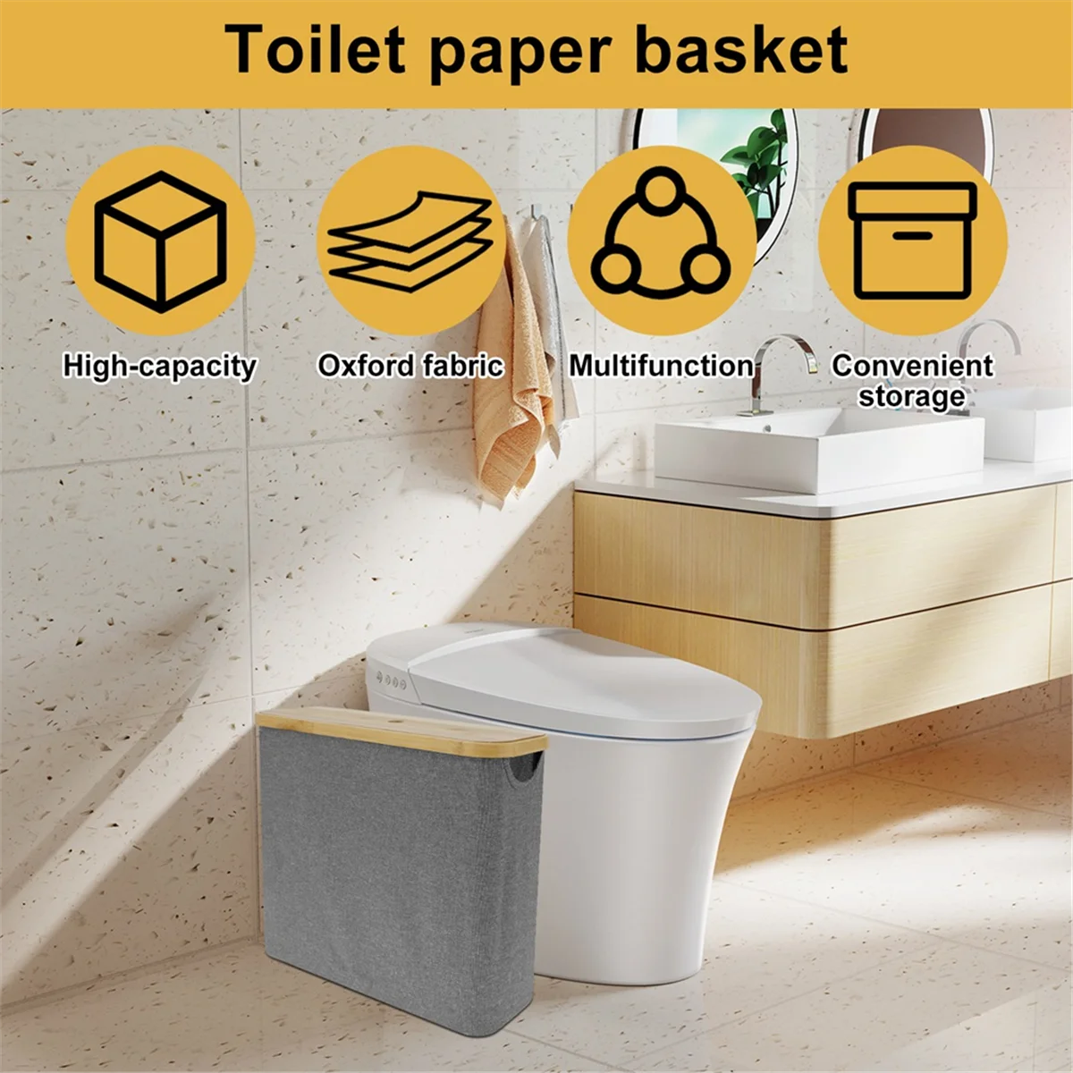 HHTL 접이식 욕실 쓰레기통, 나무 커버, 변기 종이 바구니, 대용량 가정용 종이 보관 거치대