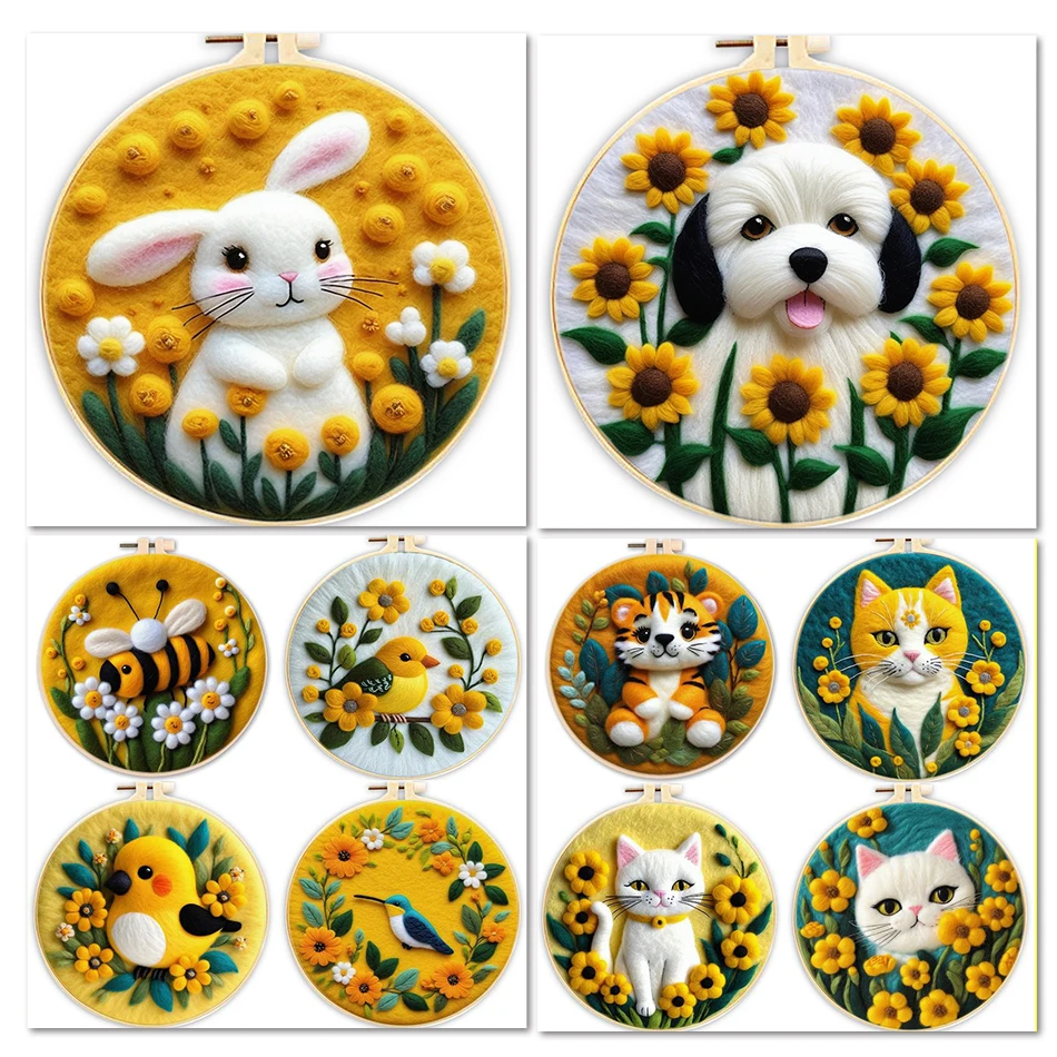 GATYZTORY DIY Wool Felting Painting With Embroidery Dog Bird Rabbit Handmade Felting Painting Set For Adult DIY Handicraft