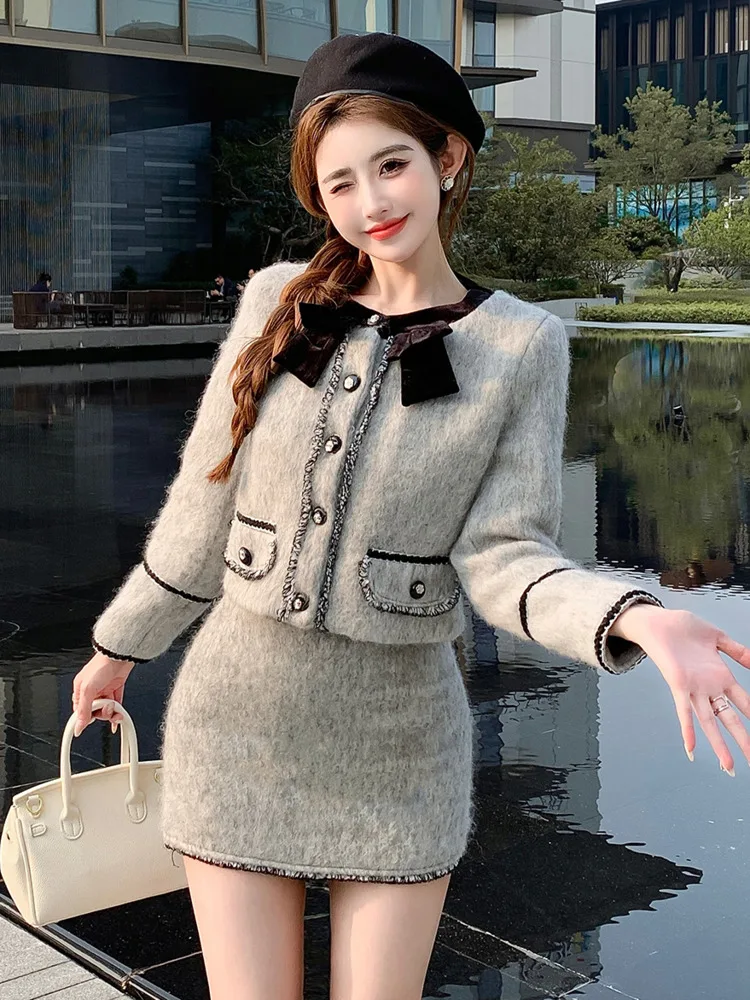 

High Quality Winter Outfits For Women Small Fragrance Two Piece Set Fashion Sweet Jacket Coat + High Waist Skirt 2 Piece Suits