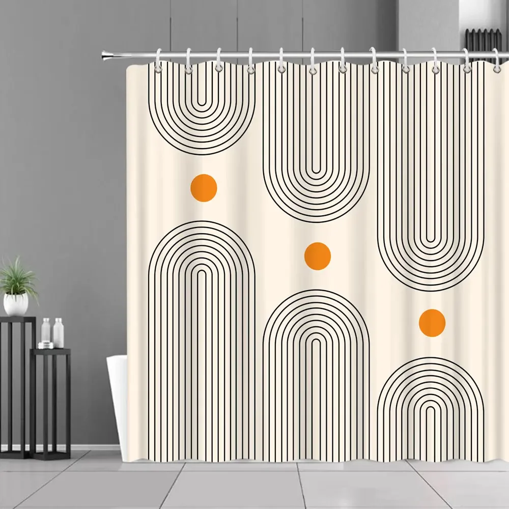 

Abstract Mid Century Shower Curtain Arch Sun Moon Minimalist Geometric Curve Stripes Semicircle Modern Fabric Bath Curtain Hooks