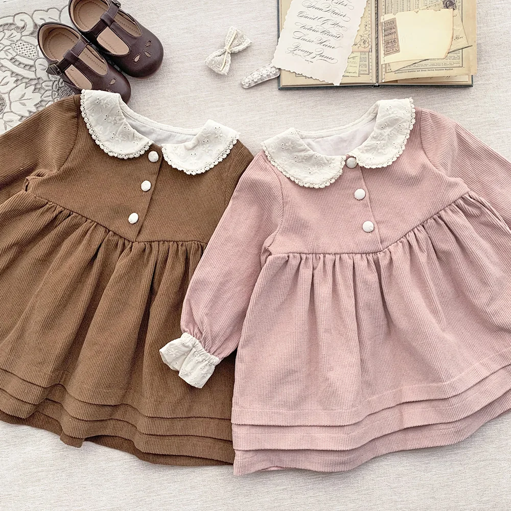 

2022 Autumn Toddlers Kids Corduroy Princess Dresses Lace Embroidery Long Sleeve Baby Girls Dress