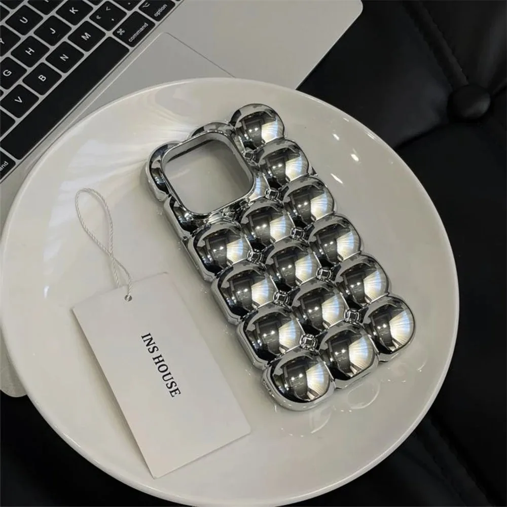 Luxury Stylish 3D Grid Plating Silver Case - Creative Cartoon Shockproof Matte Cover