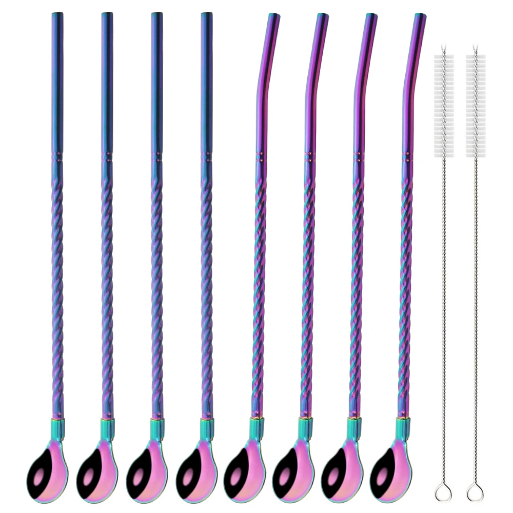 10Pcs Reusable Straw Spoon Stainless Steel Metal Colorful Straw Cocktail Drinking Spoon Milk Bar Coffee Stirring Accessory Drinking Straws Metal Straw Set Cocktail Accessories Straw Accessories Straw Cleaner Brush