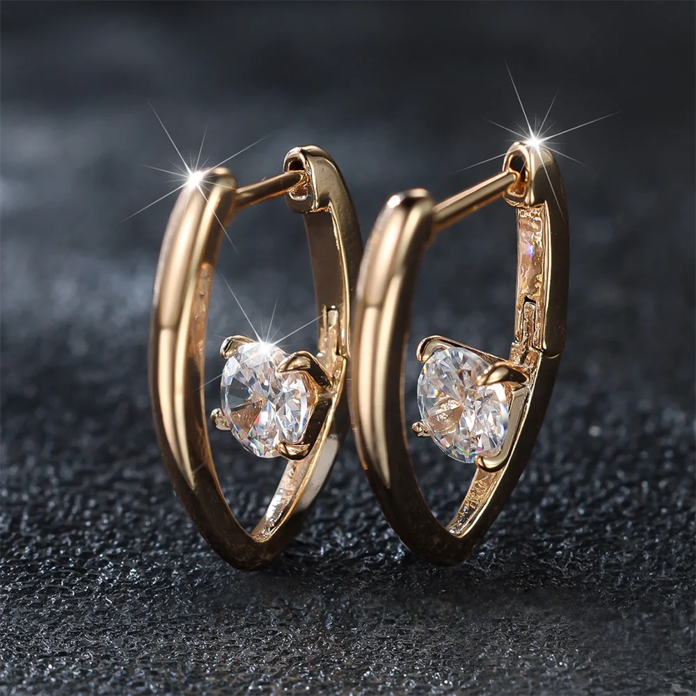 Cute White Zircon Small Round Stone Hoop Earrings For Women Vintage Gold Color Ear Buckle Wedding Jewelry Engagement Party Gifts
