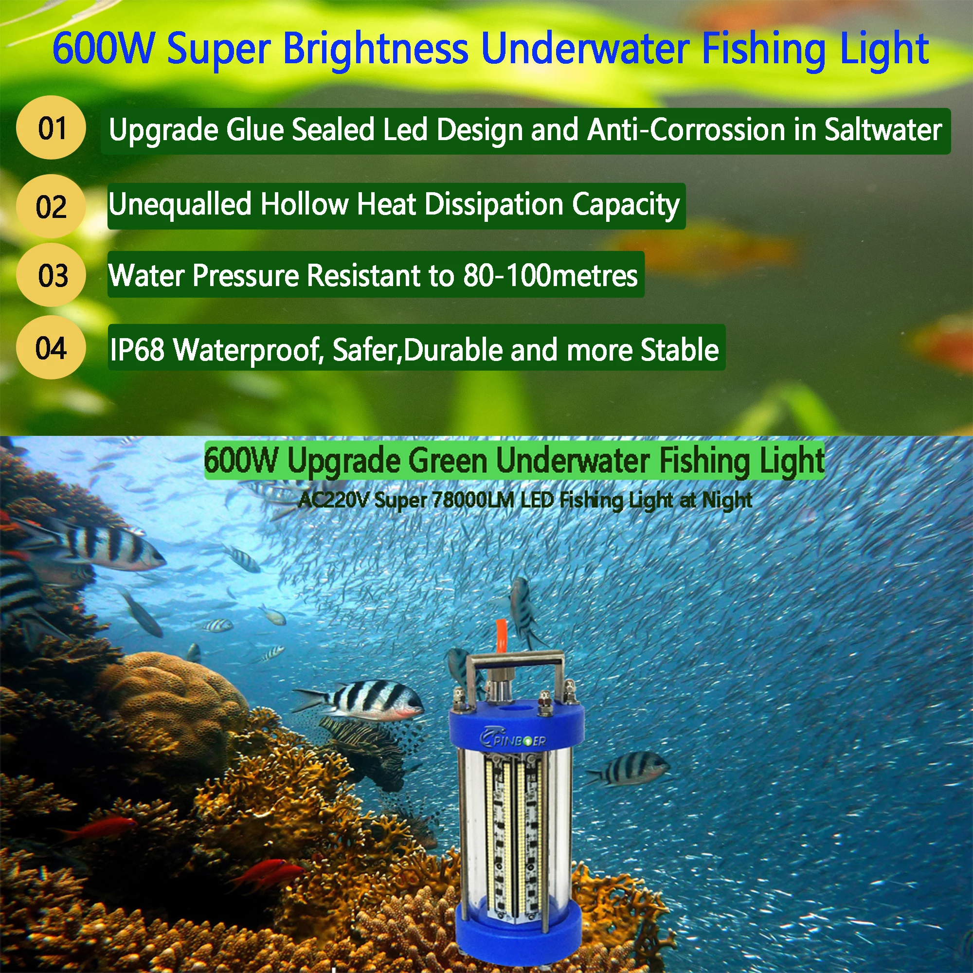 Ac110v/ 220v 1300w 2600w Ip68 Led Fishing Lights Underwater