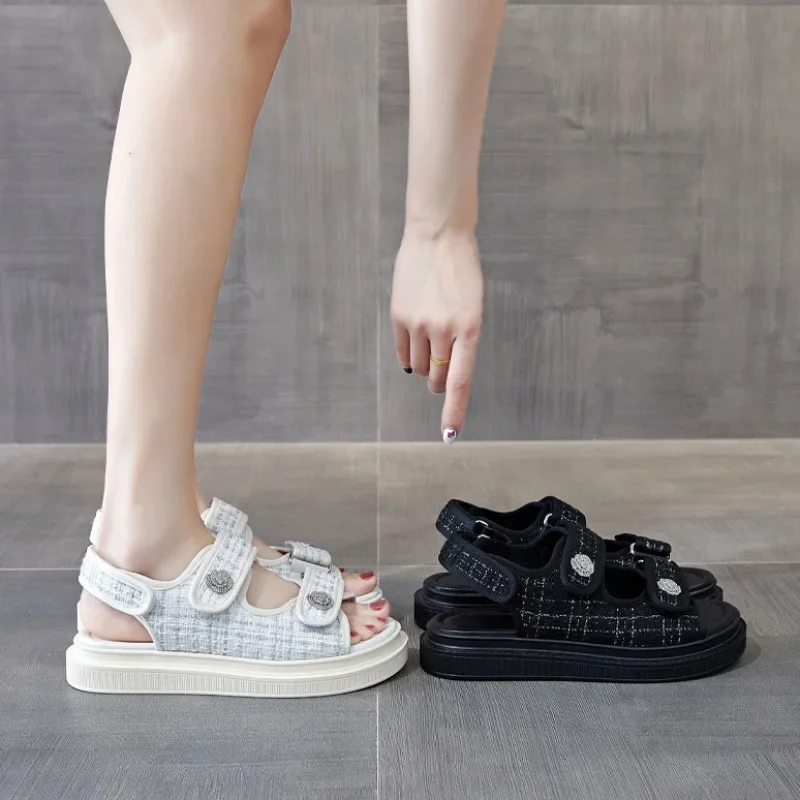 Women Sandals BeauToday Platform Sandals Lattice Round Toe Hook Loop Plaid Cloth Summer Casual Ladies Outdoor Handmade 38161