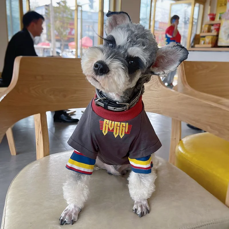 

Stripe Sleeve Ribbed Collar T Shirt Dog Clothes Brown Fashion Small Dogs Clothing Cat Spring Autumn Schnauzer Boy Pet Products