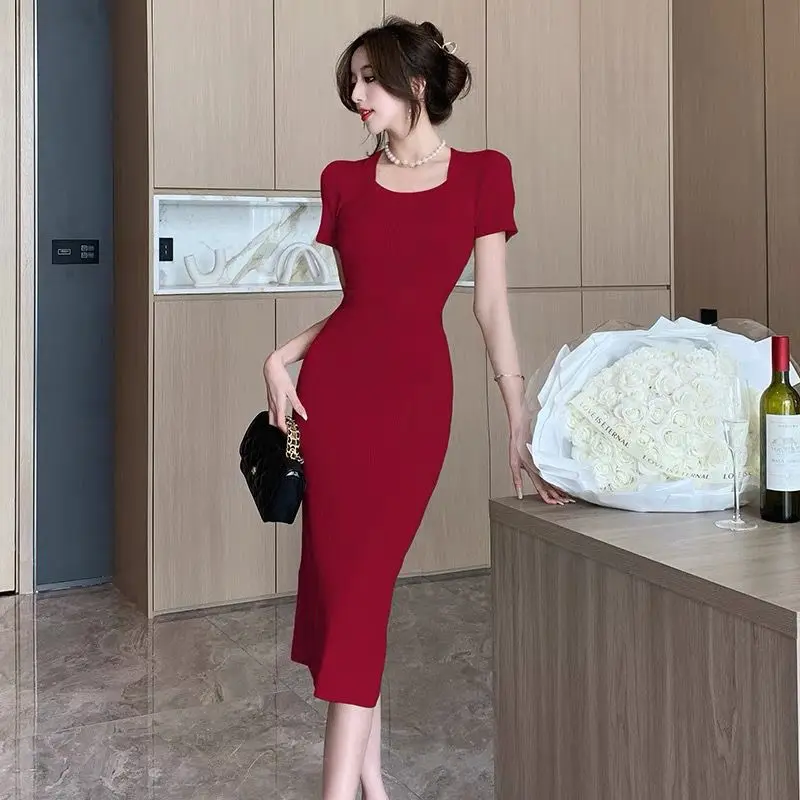 

Elegant Women French Female Y2k Vestidos High Street Casual Holiday Solid Vintage Clothing Square Collar Harajuku Party Dress