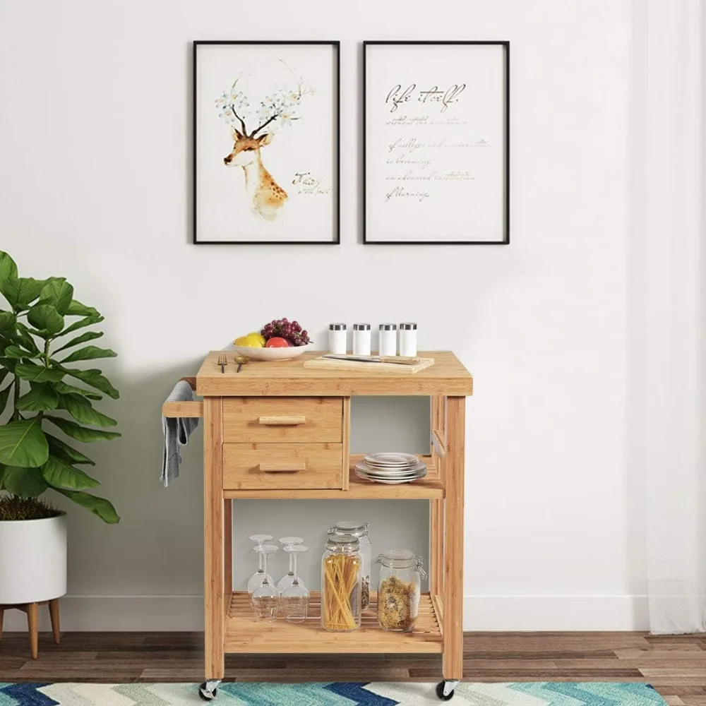 Kitchen Island, Bamboo Island Cart, Kitchen Trolley Cart on Wheels, Rolling Cart, 2 Drawers, Towel Rack, Casters