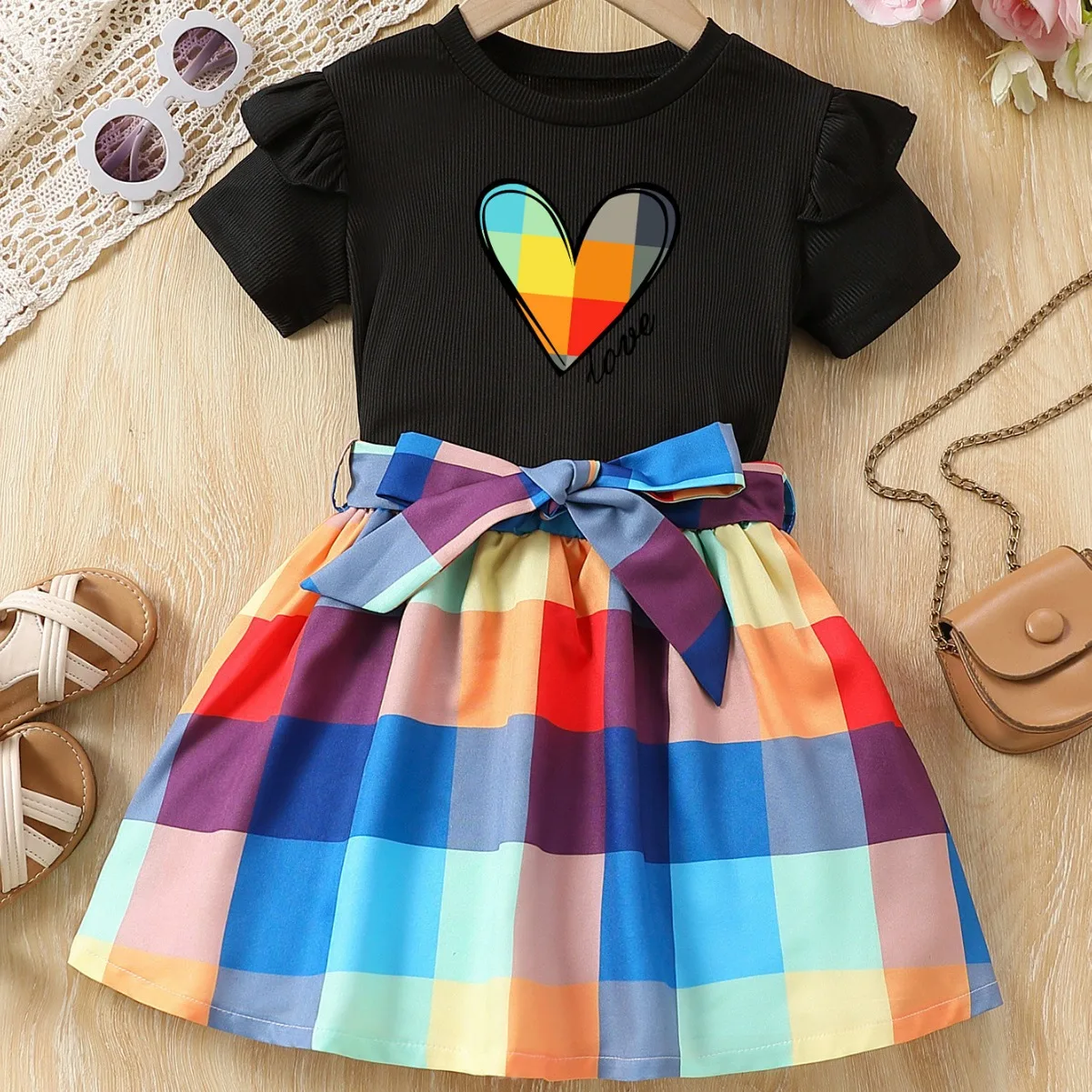 2024 Summer Kids Clothes Sets Girls Casual Cute Heart Print Short Sleeve T-shirt Top + Plaid Skirt Children's Two-piece Clothing