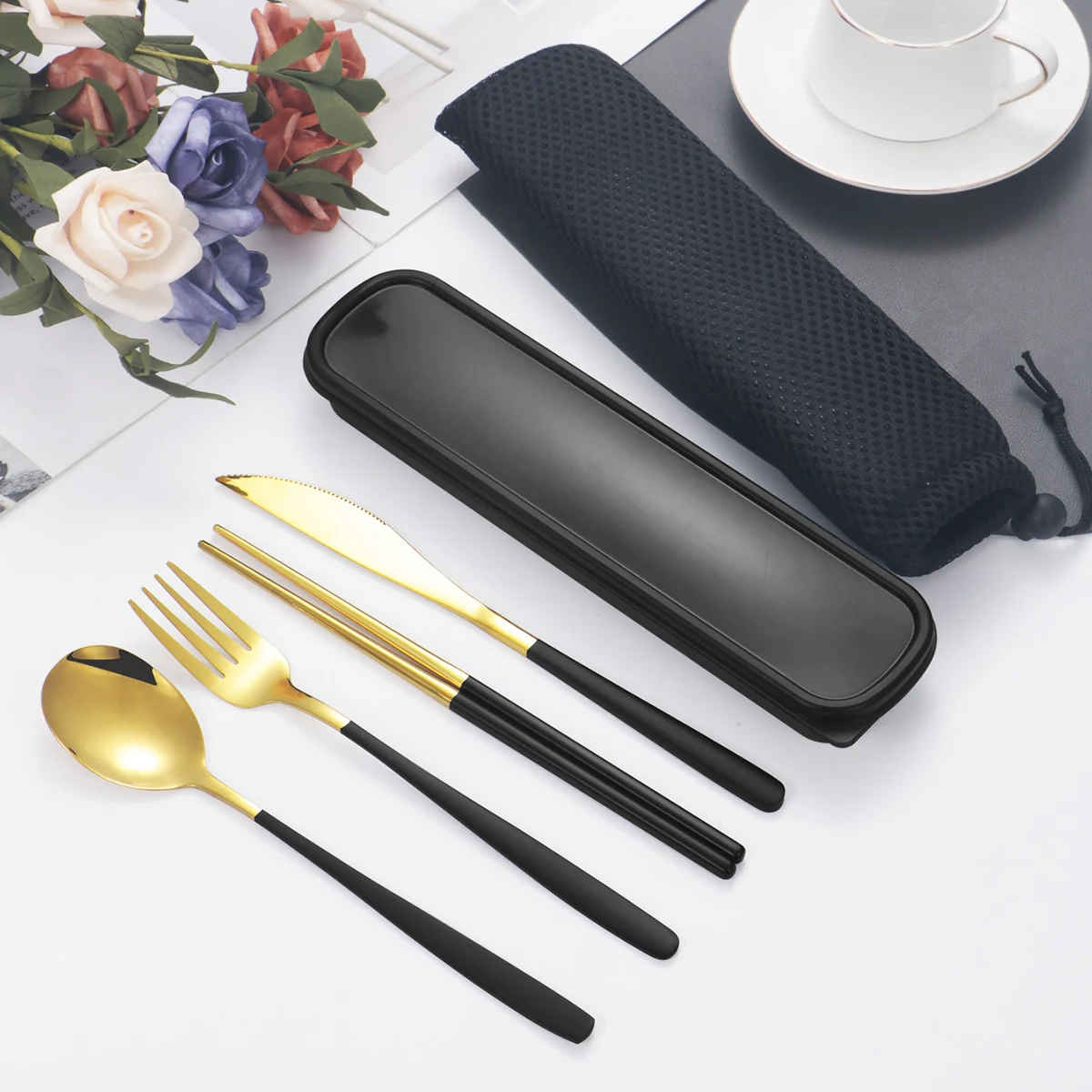 4pc Stainless steel tableware knife and fork spoon chopsticks tableware suit students go to school portable suit