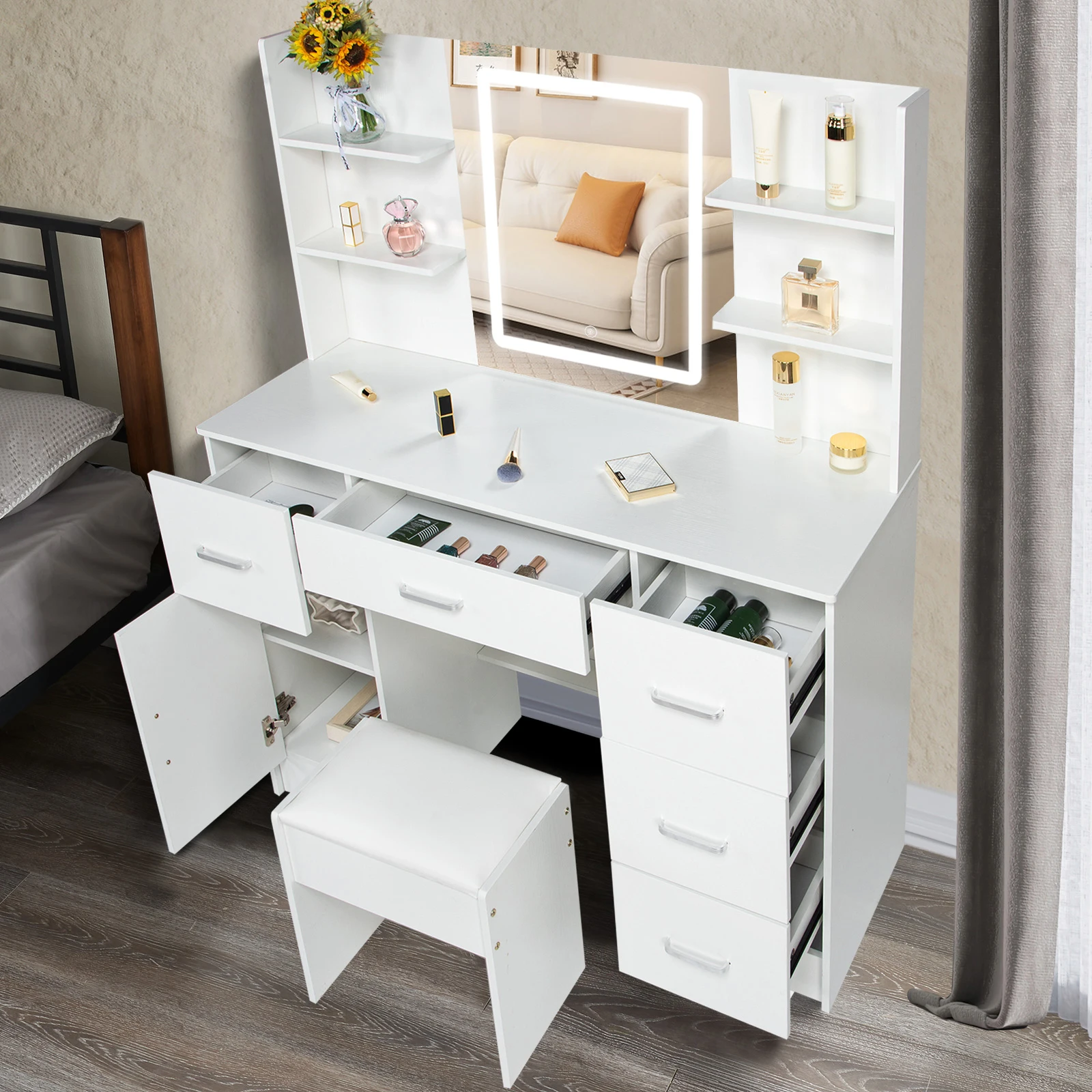 Makeup Vanity Table with Drawers, Vanity Desk Set with Shelves, Dresser Desk and Cushioned Stool Set White